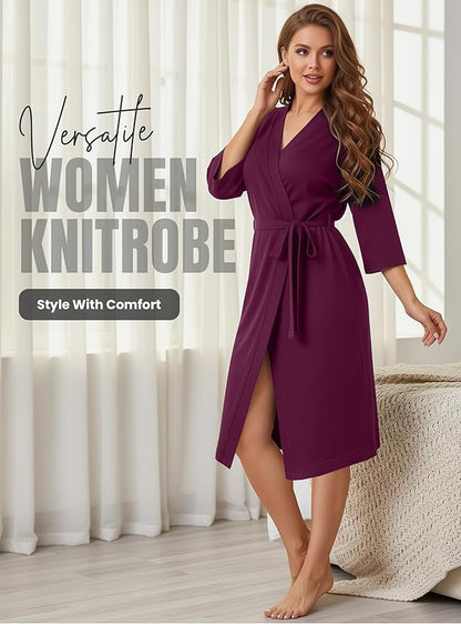 NY Threads Women's Robe Long Knit Bathrobe 3/4 Sleeves Soft Kimono Lightweight Loungewear