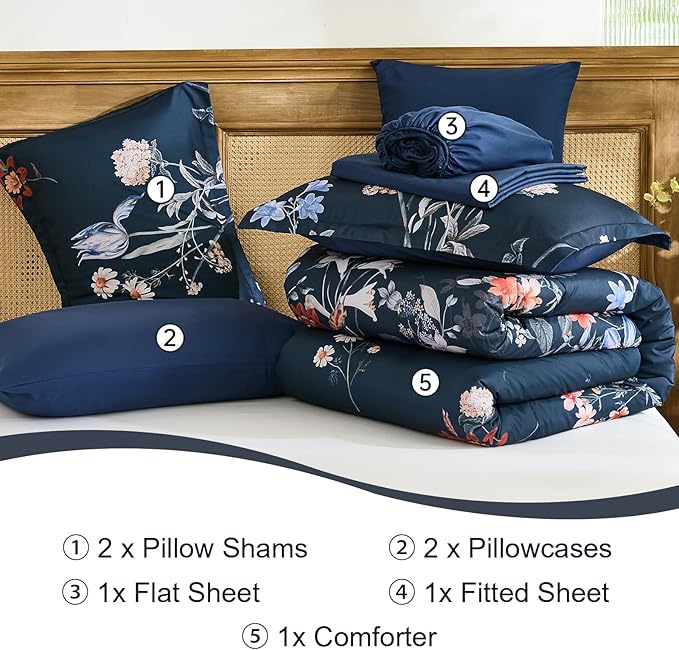 WONGS BEDDING King Comforter Set 7 Piece, Navy Blue Floral Bed in a Bag Bedding Set with Botanical Flowers Patterns, Soft Lightweight Complete Comforters with Sheets for All Season