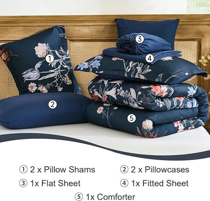 WONGS BEDDING King Comforter Set 7 Piece, Navy Blue Floral Bed in a Bag Bedding Set with Botanical Flowers Patterns, Soft Lightweight Complete Comforters with Sheets for All Season