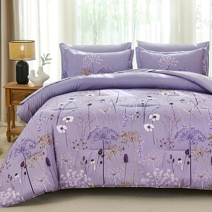 Yiran Queen Comforter Set, 7 Piece Floral Purple Bedding Set, Dandelion Botanical Bed in a Bag Queen, Soft Microfiber Complete Bedding Set with Comforter, Sheets, Pillowcases & Shams