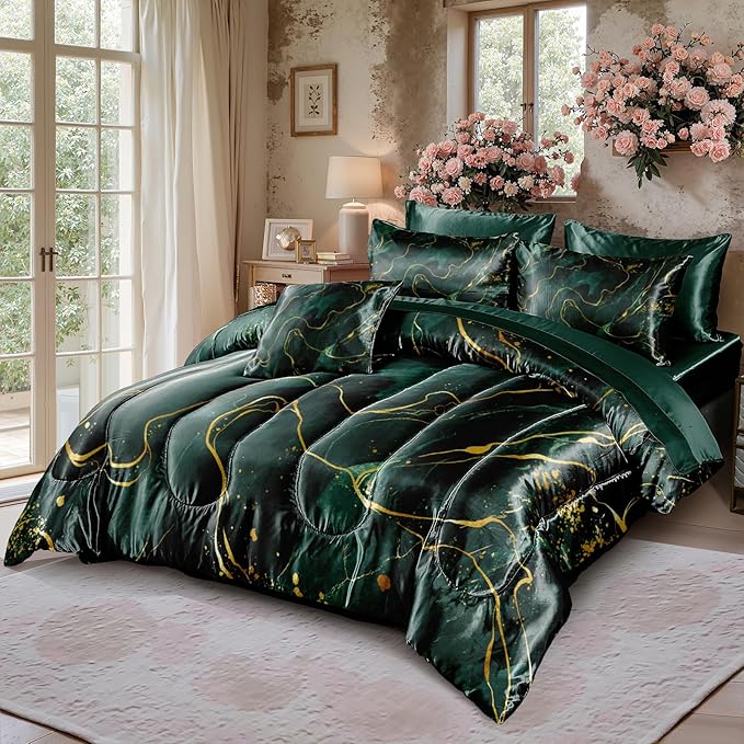 Green Marble Comforter Sets Queen Silky Satin Bedding Emerald Green Gold Marble Stone Texture Silk Like Abstract Bed in A Bag with Comforter and Sheet Set