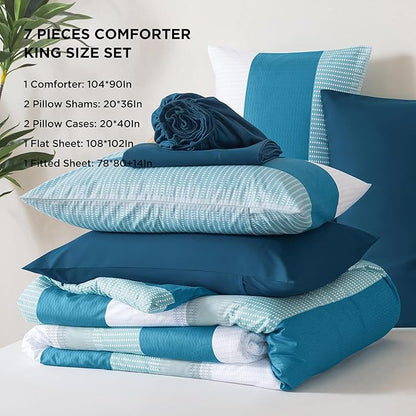Andency King Size Comforter Set Teal - 7 Pieces Striped Lightweight Bed in a Bag, Soft Microfiber Reversible Bedding Set with Comforter, Fitted & Flat Sheet, Pillowcases & Shams