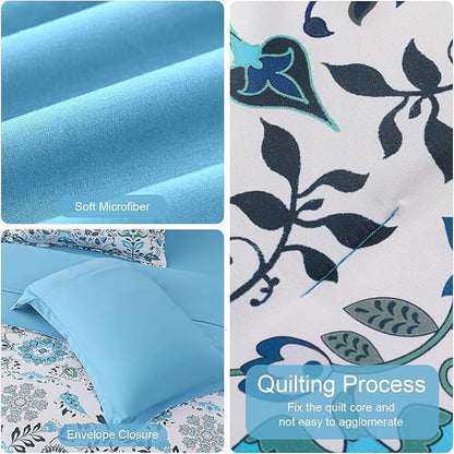 Boho Comforter Set King - 7 Pieces Bed in a Bag Floral Design, Bohemian Comforter Set with Sheets, Soft Microfiber Complete Bedding Sets All Season (Light Blue, King)