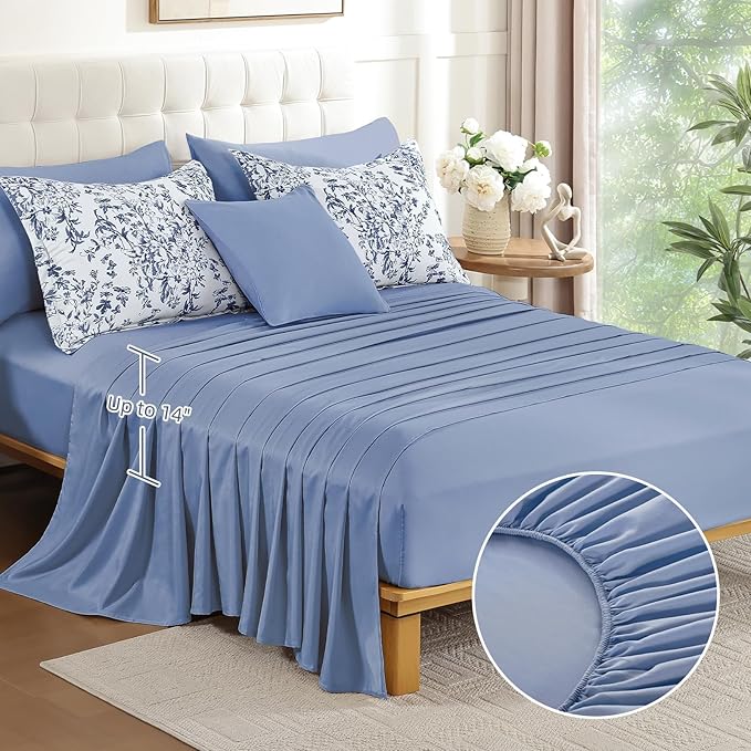 WONGS BEDDING Blue Floral Comforter Set Full Size, 8 Pieces Flower Botanical Bed in a Bag Bedding Set, Soft Microfiber Comforter, Sheets, Pillowcases & Shams (78"x90")