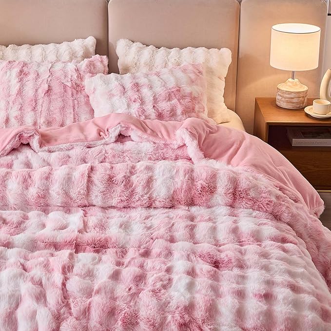 Twin Faux Rabbit Fur Comforter Set - 3 Pieces Fluffy Bedding Set Ultra Soft Warm Shaggy Plush Winter Flannel Bedding Set for Girls Women, Skin Friendly Sherpa Comforter Bed Set & 2 Pillow Shams Pink