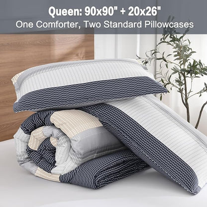 Litanika Comforter Set Queen Size Blue Yellow - 3 Pieces Lightweight Blue Yellow White Colorblock Stripe Fluffy Bedding Comforter Sets, All Season Bed Set