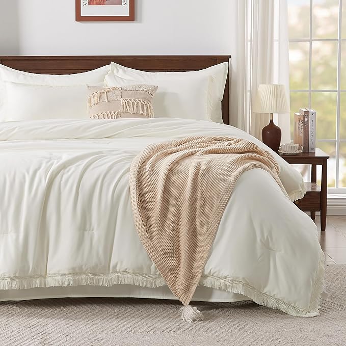 Andency Ivory Queen Size Comforter Set with Sheets - 7 Pieces Boho Tassel Bed in a Bag Soft Lightweight Bedding Sets, Ivory Fringe Bed Set with Comforter, Sheets, Pillowcases & Shams