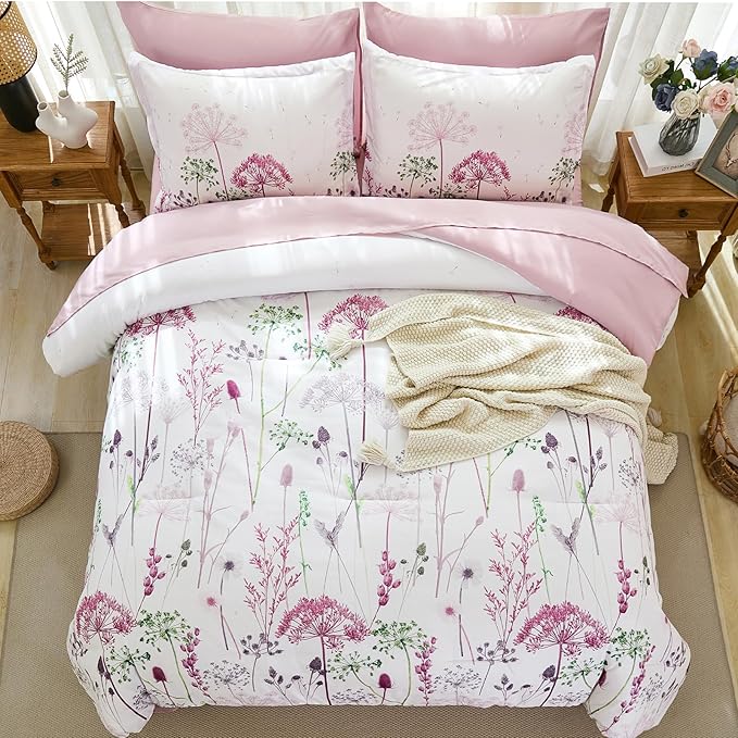Yiran 7 Piece Comforter Set King Size, Pink Dandelion Floral Bedding Set, Botanical Bed in a Bag King, Soft Microfiber Complete Bedding Set with Comforter, Sheets, Pillowcases & Shams