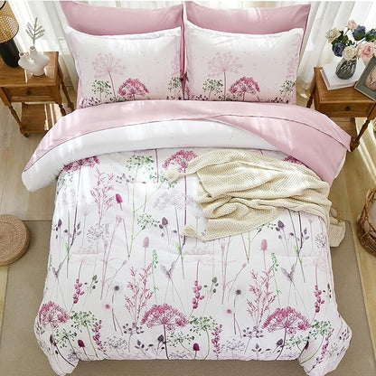 Yiran Pink Comforter Set Queen, 7 Piece Dandelion Floral Bedding Set, Botanical Bed in a Bag Queen, Soft Microfiber Complete Bedding Set with Comforter, Sheets, Pillowcases & Shams