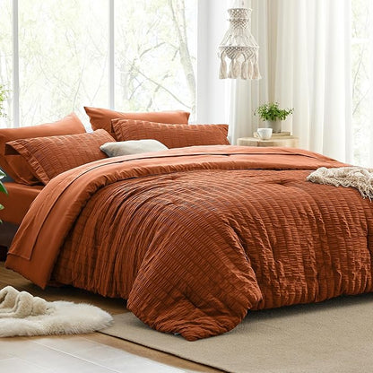 Love's cabin Seersucker Terracotta Full Comforter Set, 7-Piece All Season Lightweight Bed in a Bag Bedding Set with Comforter, Flat Sheet, Fitted Sheet, Pillowcases and Shams | Soft, Breathable, Lightweight