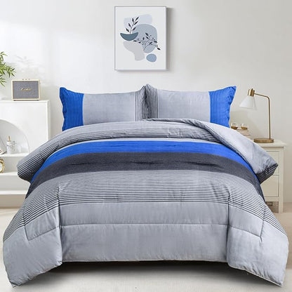 WONGS BEDDING Blue Comforter Set King Reversible Grey Blue Down Alternative Comforter for King Bed,3 Pieces (1 Comforter+2 Pillowcases), Soft Microfiber Bedding Duvet Set 104"×90"