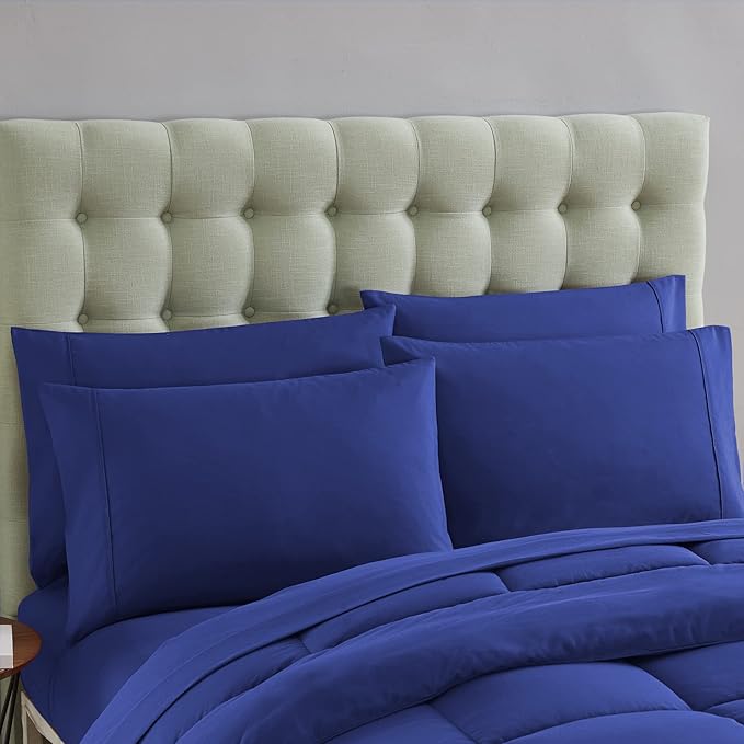 Sweet Home Collection 7 Piece Comforter Set Bag Solid Color All Season Soft Down Alternative Blanket & Luxurious Microfiber Bed Sheets, Royal Blue, Full