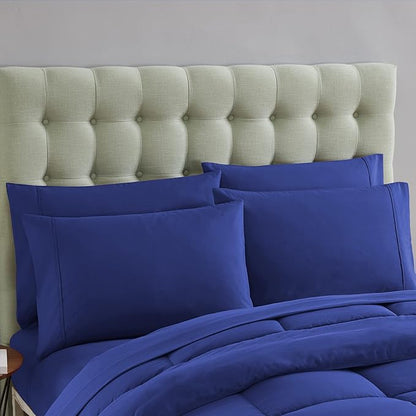 Sweet Home Collection 7 Piece Comforter Set Bag Solid Color All Season Soft Down Alternative Blanket & Luxurious Microfiber Bed Sheets, Royal Blue, Full