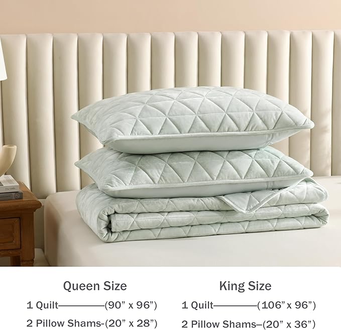 Homzard Velvet Quilt Set Queen Size Bedding Set,Mint Quilts Queen Size, Luxury Velvet Comforter, Light Green Bedspreads,Soft Lightweight Bed Set 3 Piece All Season