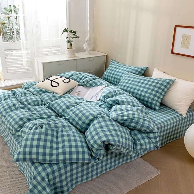 VM VOUGEMARKET Green Gingham Comforter Set Queen,Plaid Comforter with 2 Pillowcases for All Seasons,3 Pcs Modern Simple Grid Bedding Set for Men Women