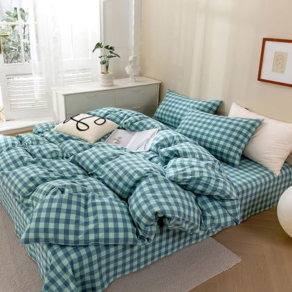 VM VOUGEMARKET Green Gingham Comforter Set Queen,Plaid Comforter with 2 Pillowcases for All Seasons,3 Pcs Modern Simple Grid Bedding Set for Men Women