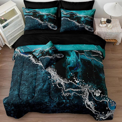 Black Marble Comforter Set 8 Pcs Turquoise Blue Bedding Set Queen Size Bed in A Bag Blue and Black Stone Texture Abstract Room Decor Black Marble Bed Comforter