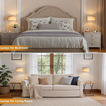 Innqoo Bedside Table Lamps for Bedroom Set of 2-Dimmable Nightstand Lamps with USB Port and Outlet,Modern Grey Lamps with Linen Shade,Tall Desk Lamps for Home Office Bedroom Living Room End Table