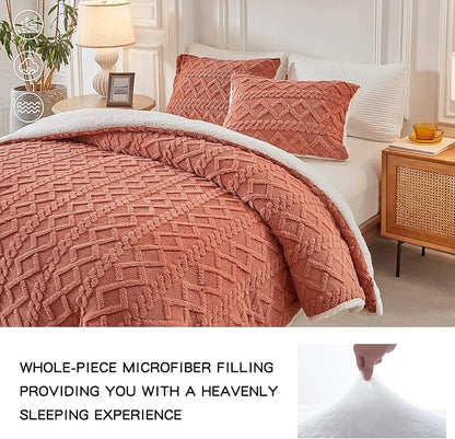 Joyreap 3-Piece Fluffy Faux Fur Sherpa Comforter Set, Twin Size Brownish Red Luxury Tufted Bedding Comforter Set, All Season Soft n Cozy Plush Comforter Bed Set- 68x86 inches