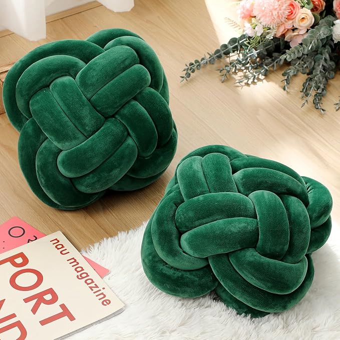 2 Pcs Knot Pillow Balls Set, 12 Inch Soft Decorative Throw Knot Pillow Ball, Large Square Knotted Floor Cushion for Living Room Bedroom Sofa Couch Bed Home Decoration(Dark Green)