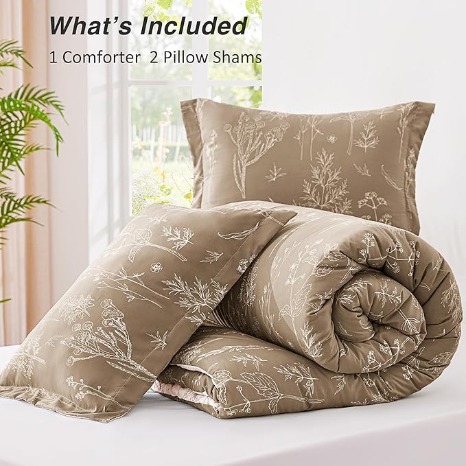 Love's cabin Light Taupe Full Comforter Set - Full Size Comforter Set, 3 Pieces Cute Floral Bedding Sets for All Seasons,1 Soft Reversible Botanical Flowers Comforter and 2 Pillow Shams
