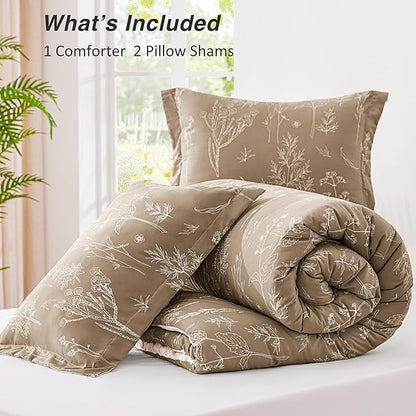 Love's cabin Light Taupe Full Comforter Set - Full Size Comforter Set, 3 Pieces Cute Floral Bedding Sets for All Seasons,1 Soft Reversible Botanical Flowers Comforter and 2 Pillow Shams