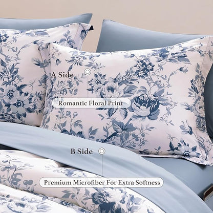 Oversized Queen Comforter Set -7 Pieces Floral Rain Washed Bedding Set for All Seasons, Bed in a Bag with Botanical Flowers Comforter, Sheets, Pillowcases & Shams