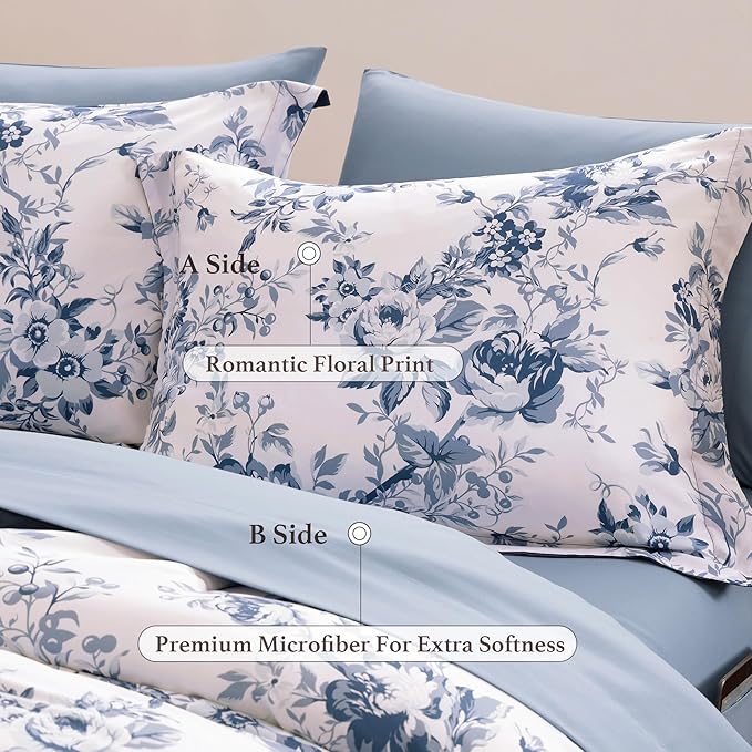 California King Comforter Set -7 Pieces Floral Rain Washed Bedding Set for All Seasons, Bed in a Bag with Botanical Flowers Comforter, Sheets, Pillowcases & Shams