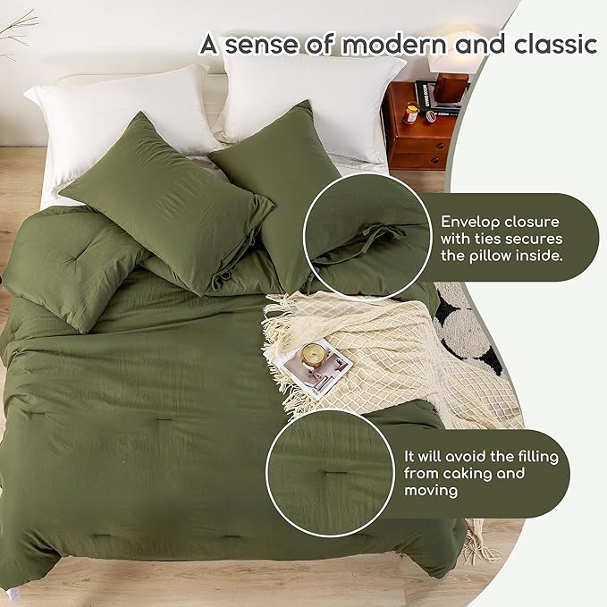 Dark Olive Green Bed Comforter Queen Set - Super Soft Washed Polycotton Fabric - Cozy Comfy Down Alternative Bedding Blanket Comforter Set and Pillowcases Lightweight but Warm for All Season