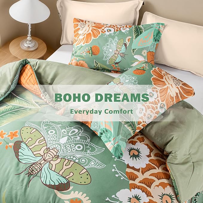 Sage Green Boho Floral Queen Comforter Set - 3 Piece Farmhouse Botanical Bedding Comforter Sets for All Season Soft Lightweight Mid Century Bed Set, (1 Reversible Comforter and 2 Pillow Shams