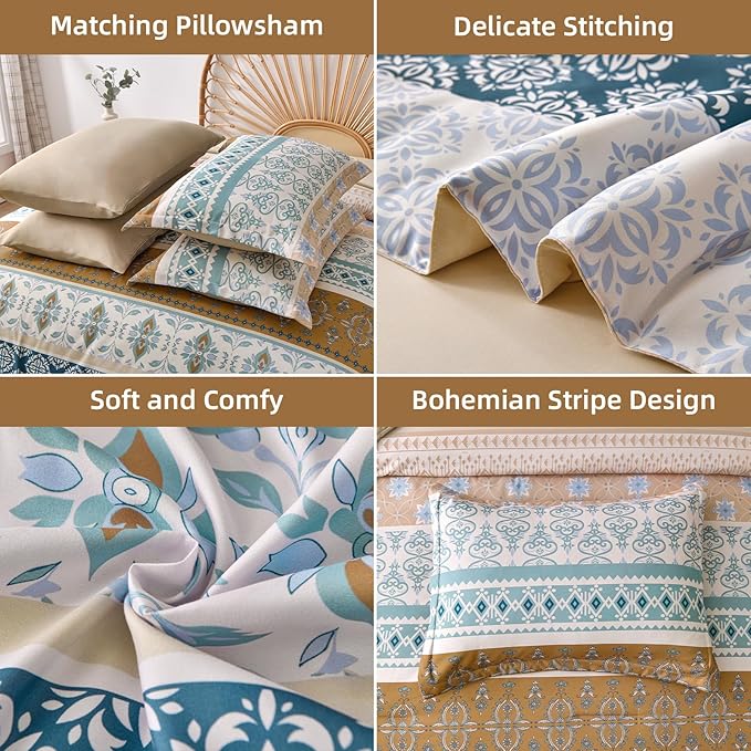 WONGS BEDDING Boho Comforter Set King, 7 Pieces Beige Striped Bed in a Bag Comforter and Sheet Set, Bohemian Floral Striped Comforte Bedding Set,Soft Microfiber Complete Set for All Seasons 104" x 90"