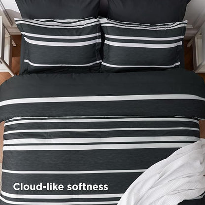 Bedsure Queen Comforter Set 7 Pieces, Black Striped Bedding Set for All Seasons, Reversible, Cationic Dyeing Bed in a Bag with Comforter, Sheets, Pillowcases & Shams