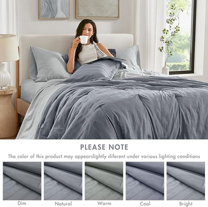 Madison Park Essentials Striped Comforter Set Cal King, 7 Pieces Modern Minimalist Jacquard Bedding Set for All Season, Bed in A Bag with Sheet Set and Soft Brushed Reverse, Lightweight Blue/Grey