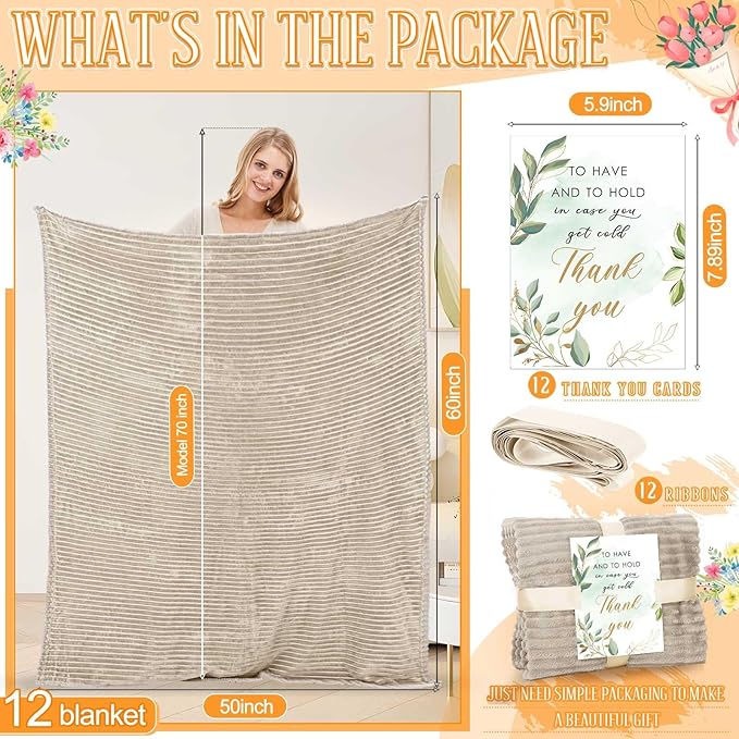 Buryeah 12 Pcs Wedding Flannel Fleece Throw Blanket Bulk with Thank You Card and Ribbon, 50 x 60 in Oeko-TEX Standard 100 Certified Blankets Outdoor Wedding, Guest Party Souvenirs (Khaki)