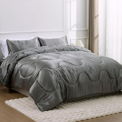 A Nice Night Satin Silky Soft Quilt Luxury Super Soft Microfiber Bedding Comforter Set, Light Weighted (Silver, King)