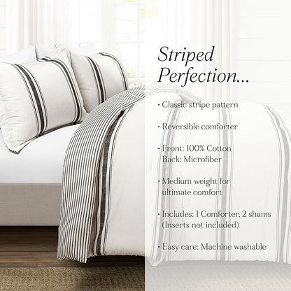 Lush Decor Farmhouse Stripe Reversible Cotton Comforter Set, 3 Piece Set, California King, Black - Cozy Farmhouse Bedding Set - Rustic Decor - Striped Comforter - Modern Farmhouse Bedroom Decor