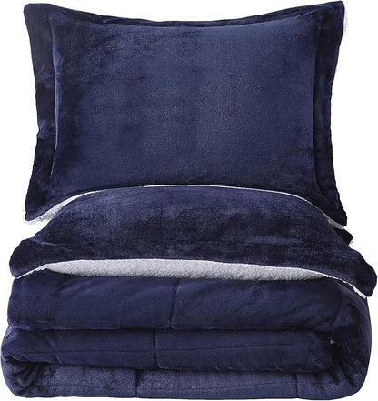 Seward Park Navy Blue Sherpa Comforter Set Twin XL Size, All Season Soft Warm Fleece Fall Blanket, Winter College Dorm Bedding Sets with 1 Pillow Sham