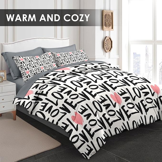 Comforter Set Twin Size, Love Heart 5 Pcs Bedding for Kids and Adults, Black and Pink Bedding Sets with Fitted Sheet Pillowcase & Sham for Bedroom Bed Decor