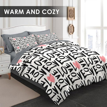 Comforter Set Twin Size, Love Heart 5 Pcs Bedding for Kids and Adults, Black and Pink Bedding Sets with Fitted Sheet Pillowcase & Sham for Bedroom Bed Decor