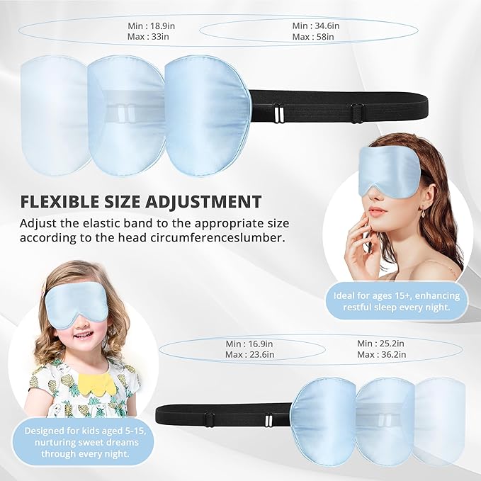 Silk Sleep Mask Eye Cover, 100% Real Natural Eye Mask for Sleeping with Adjustable Strap, 100% Silk Filling Blindfold, sleepmask for Kids/Teens/Adults, Sleeping Masks for Family (2 Blue)