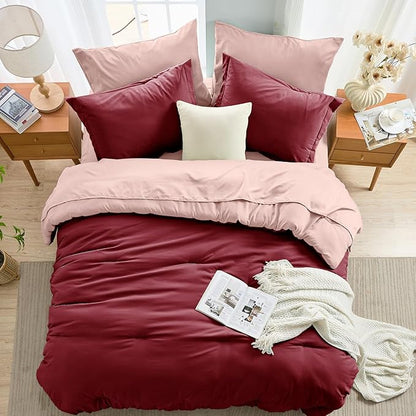 MUXHOMO 7 Pieces Queen Comforter Set, Soft Bed in a Bag Queen Size, All Season Bedding Set with Comforter, Flat Sheet, Fitted Sheet, Pillowcases & Shams, Burgundy & Rose Gold