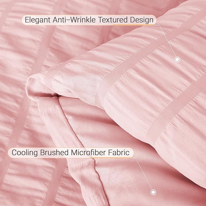MUXHOMO 5 Pieces Twin Comforter Set, Seersucker Bed in a Bag Twin Size, All Season Luxury Bedding Set with Comforter, Flat Sheet, Fitted Sheet, Pillowcase & Sham, Pink