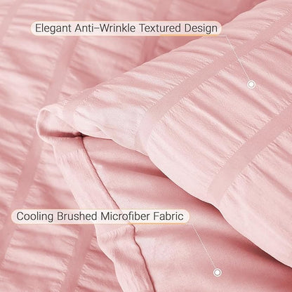 MUXHOMO 5 Pieces Twin Comforter Set, Seersucker Bed in a Bag Twin Size, All Season Luxury Bedding Set with Comforter, Flat Sheet, Fitted Sheet, Pillowcase & Sham, Pink