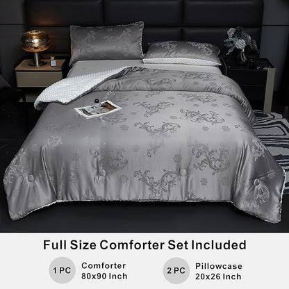 Jacquard Comforter Set - Luxury Warm Paisley Floral Pattern Full Size Bedding with 2 Pillowcases All-Season Soft & Lightweight 3D Bubble Design Bed Set (80x90 Inches Grey)