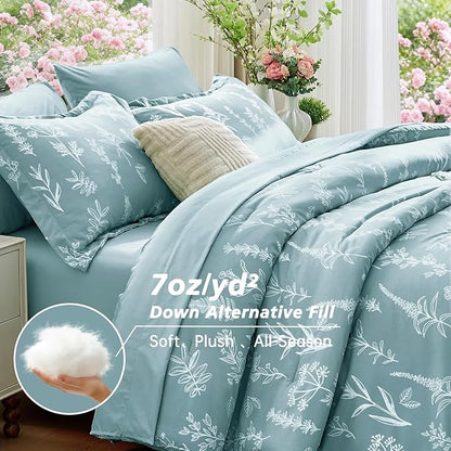 MUXHOMO Blue Bed in a Bag King 7 Pieces, King Comforter Set Reversible Botanical Flowers Design, Ultra Soft & Breathable Bedding Sets with Comforter, Sheets, Pillowcases & Shams