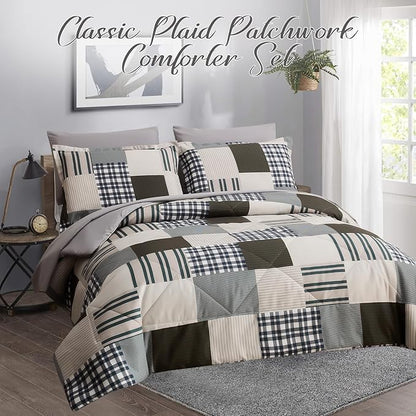 Comforter Set Queen Size Plaid Patchwork Comforter Bedding-7 Piece Bed in a Bag,Soft Fluffy Reversible Microfiber Bedding Set(1 Comforter,1 Flat Sheet,1 Fitted Sheet,2 Pillowcases,2 Pillow Shams)