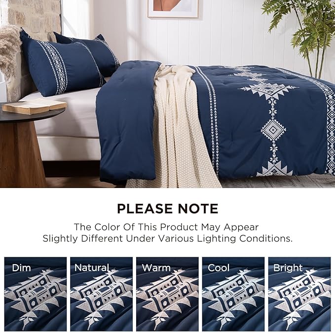 Boho Embroidered Bed Comforter Queen Set, 3-Piece Western Shabby Chic Bedding Set - Fluffy Ultra Soft Microfiber with Intricate Design, Includes Comforter & 2 Pillowcases, Navy(88"x88")