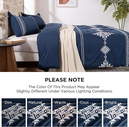 Embroidered Boho Comforter Set Full Size, 3-Piece Western Shabby Chic Bedding Set - Fluffy Ultra Soft Microfiber with Intricate Design, Includes Comforter & 2 Pillowcases, Navy(82"x86")