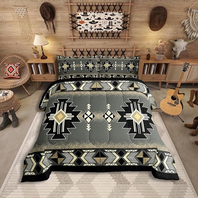 Erosebridal Toddler Southwestern Aztec Comforter Set, Rustic Western Bedding Set, Exotic American Native Bedding Comforter Sets for Boys Teens Men Bedroom, Farmhouse Ethnic Geometric Quilt,Gray Black