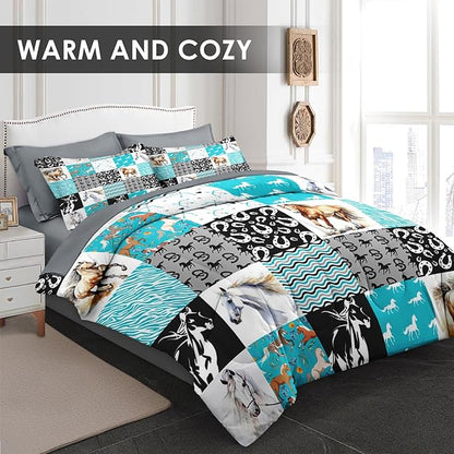 Comforter Set Full Size, Brown Horse Painting Bedding for Kids and Adults, White Watercolor Beautiful Bed Sheet Sets with Fitted Sheet 2 Pillowcases & 2 Shams for Bedroom Bed Decor